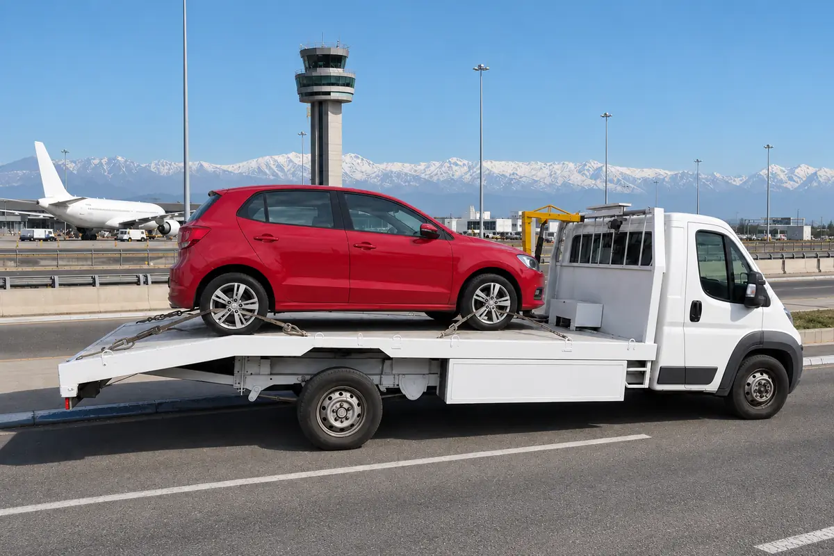 Grúa de plataforma con un auto cargado cerca de un aeropuerto