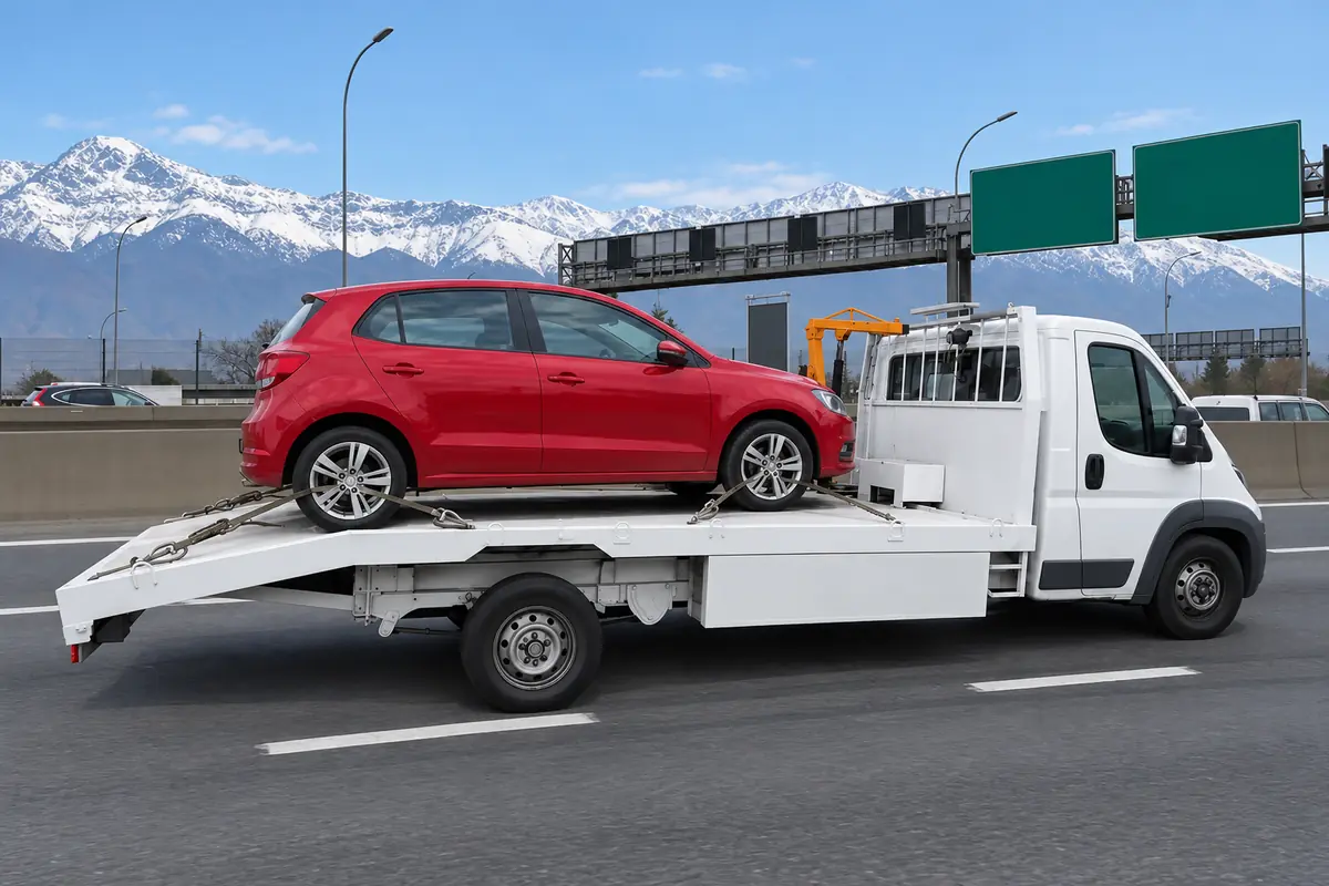 Grúa de plataforma con un auto cargado en una vía de Santiago