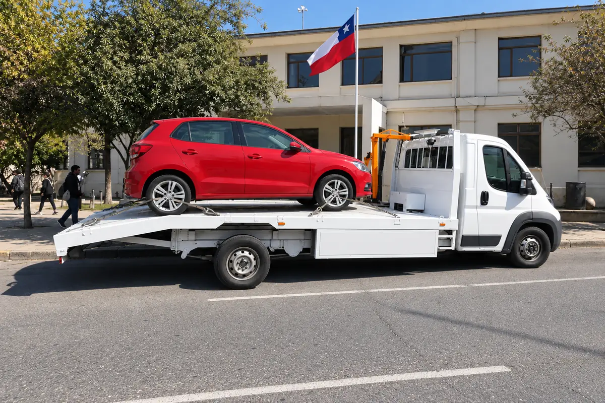 Grúa de plataforma con un auto cargado frente a un edificio municipal
