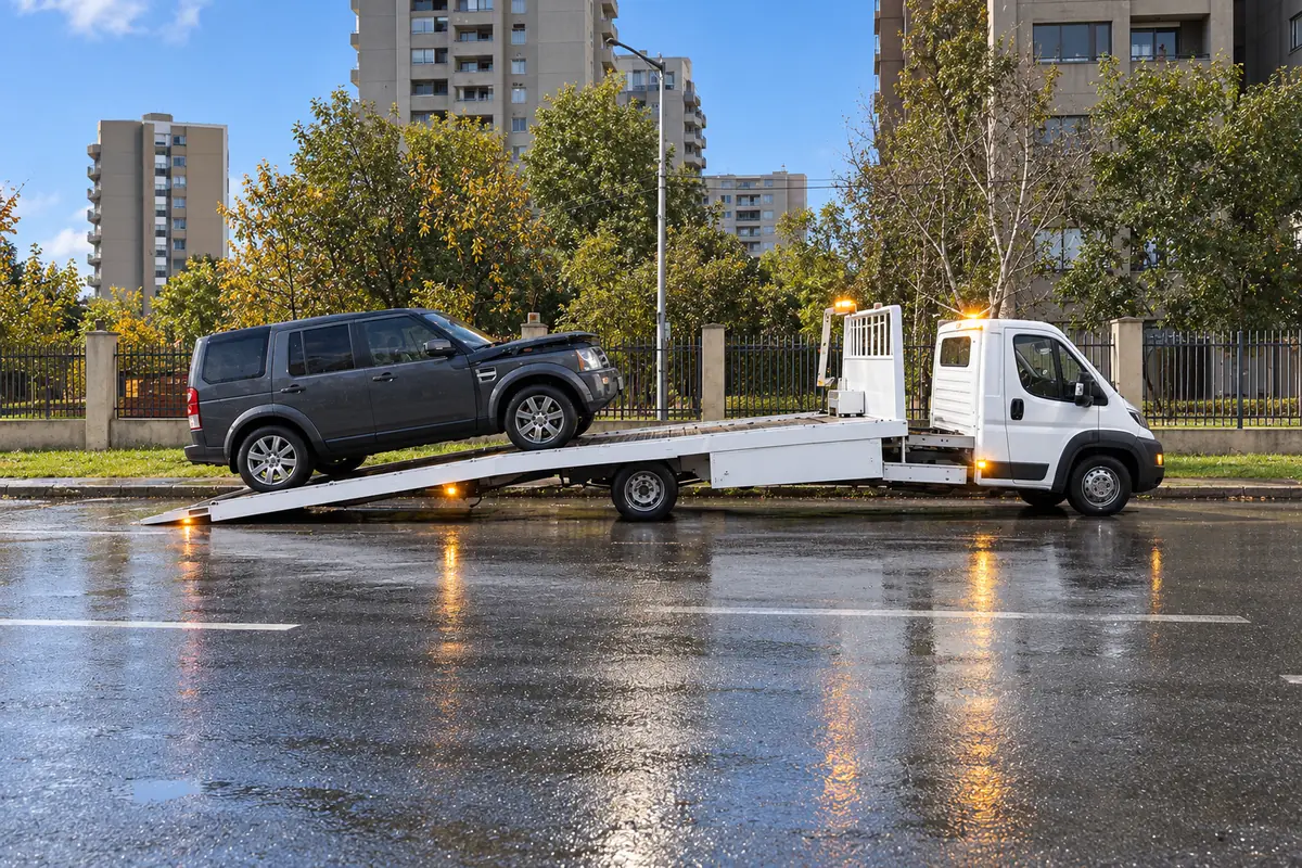 Grúa de plataforma con un auto cargado al anochecer
