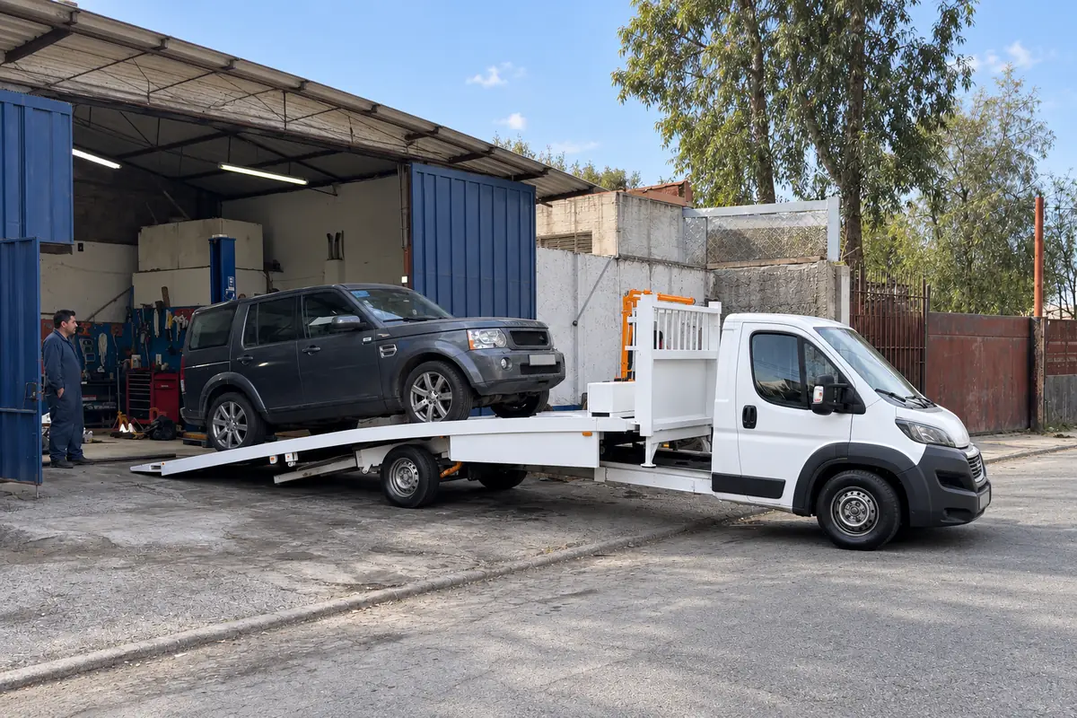 Grúa de plataforma con un auto cargado frente a un taller